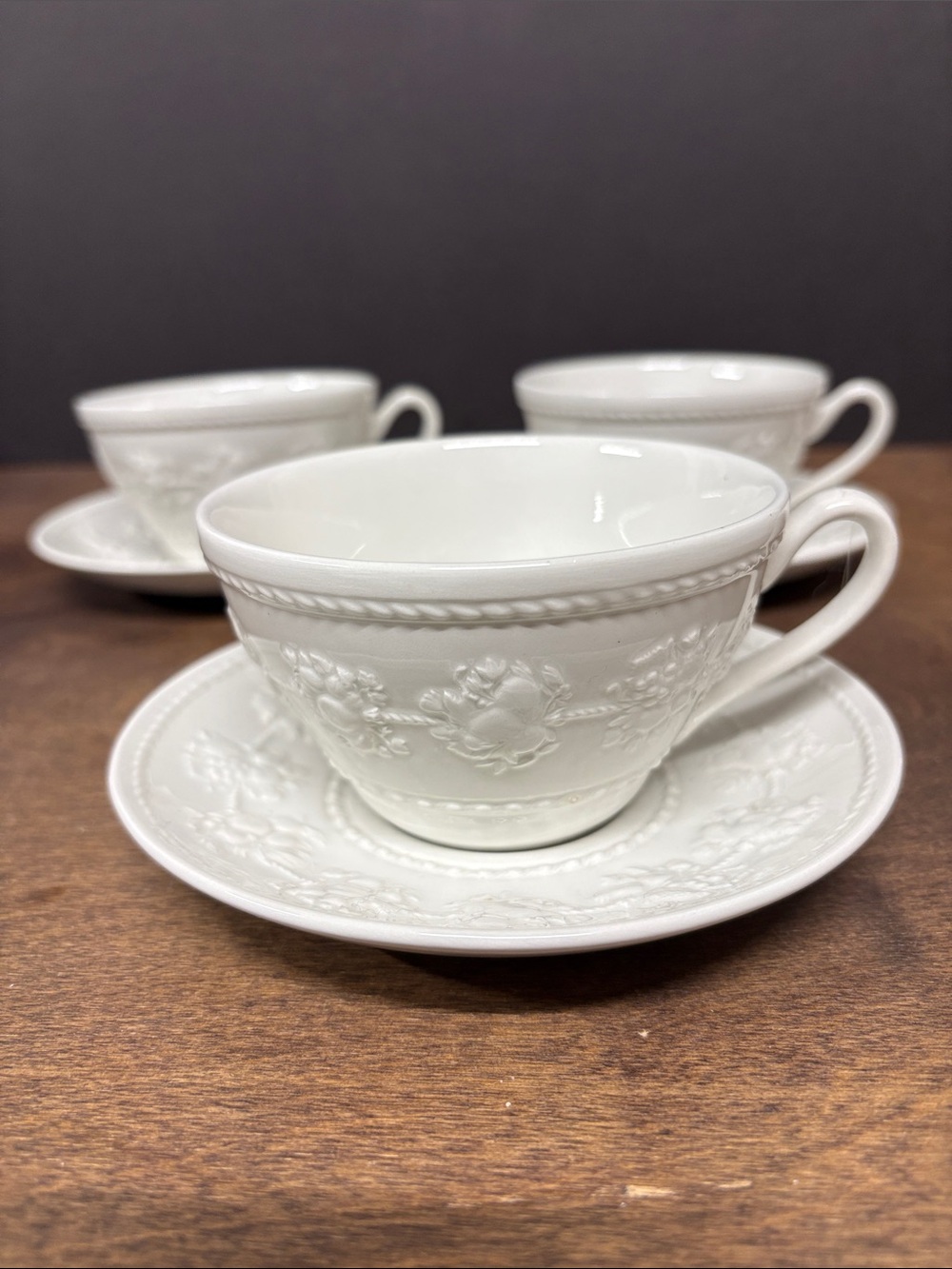 Wedgwood Home Festivity White Embossed Porcelain Teacup and Saucer Set